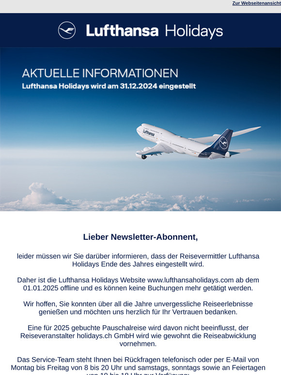 Lufthansa Holidays wird am 31.12.2024 eingestellt