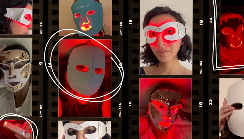 Film strip collage with images of people wearing cosmetic masks that illuminate with red light against their skin