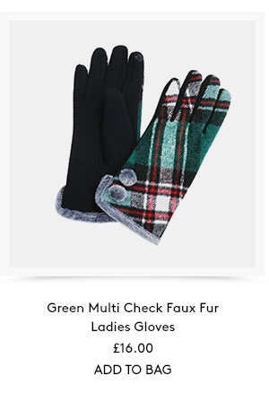 Green multi check faux fur ladies gloves. £16.00. Add to bag