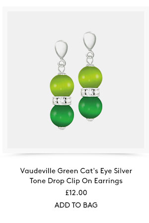 Vaudeville green cat's eye silver tone drop clip on earrings. £12.00. Add to bag