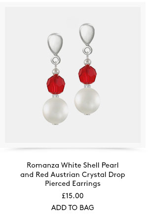 Romanza white shell pearl and red Austrian crystal drop pierced earrings. £15.00. Add to bag