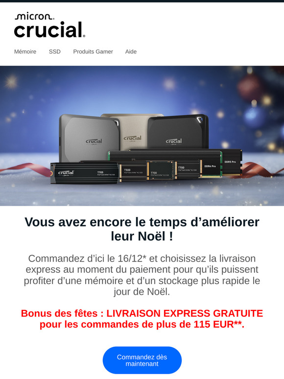 Derniers jours pour profiter de la livraison express gratuite pour les commandes de plus de 115 EUR !