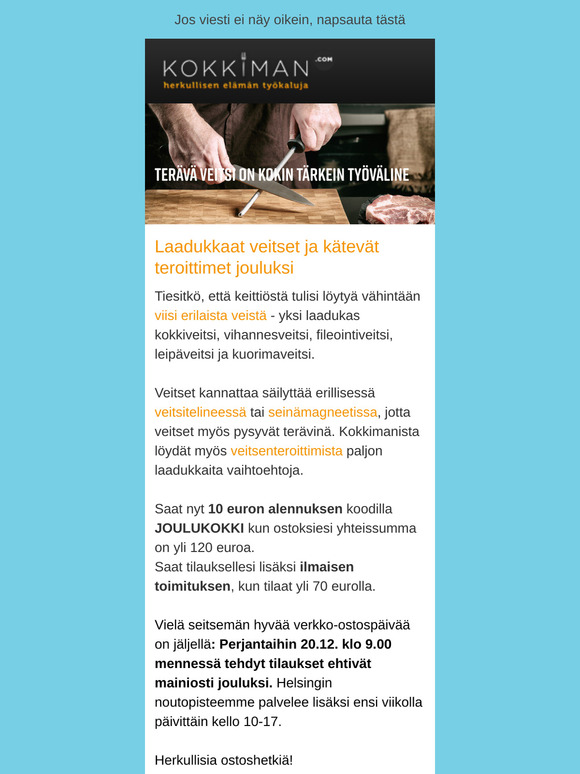 Laadukas kokkiveitsi, kätevä teroitin ja massiivinen leikkuulauta ovat kotikokin toivelahjoja.