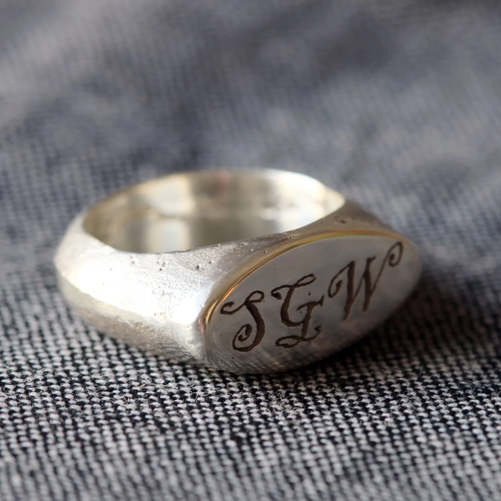 Image of Sand Cast Personalised Silver Signet Ring