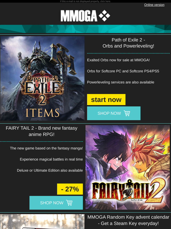 MMOGA - Path of Exile 2! Fairy Tail 2! Random Steam Key Advent Calendar!