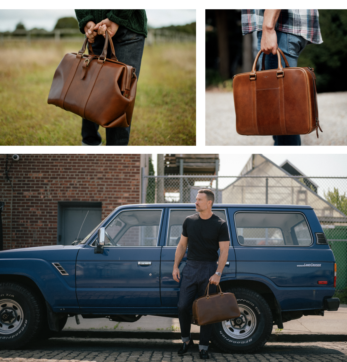 photo collage of men traveling with leather bags