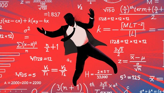 An illustration depicts a silhoueted man in a suit, "Mad Men"-style, falling amid an array of math formulas