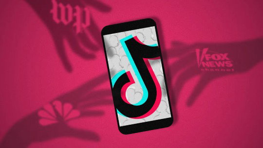 Shadows of hands with Washington Post, Fox News and NBC logos reach for a smartphone displaying the TikTok symbol