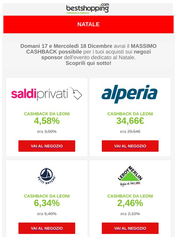 Natale - Domani 17 e Mercoledì 18 Dicembre scopri i negozi con il massimo cashback