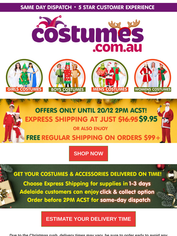 Express Shipping Reduced To $9.95🎅Shop Xmas Costumes & Accessories Today!