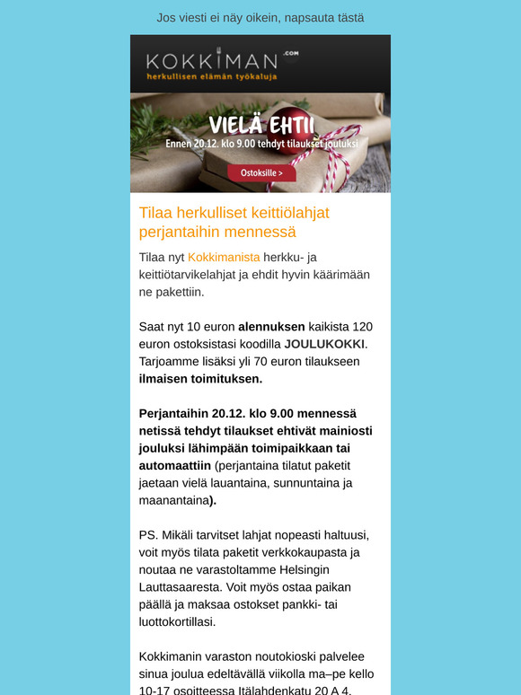 Tilaa Kokkiman.comista joulun parhaat ruoanlaittolahjat perjantaihin mennessä