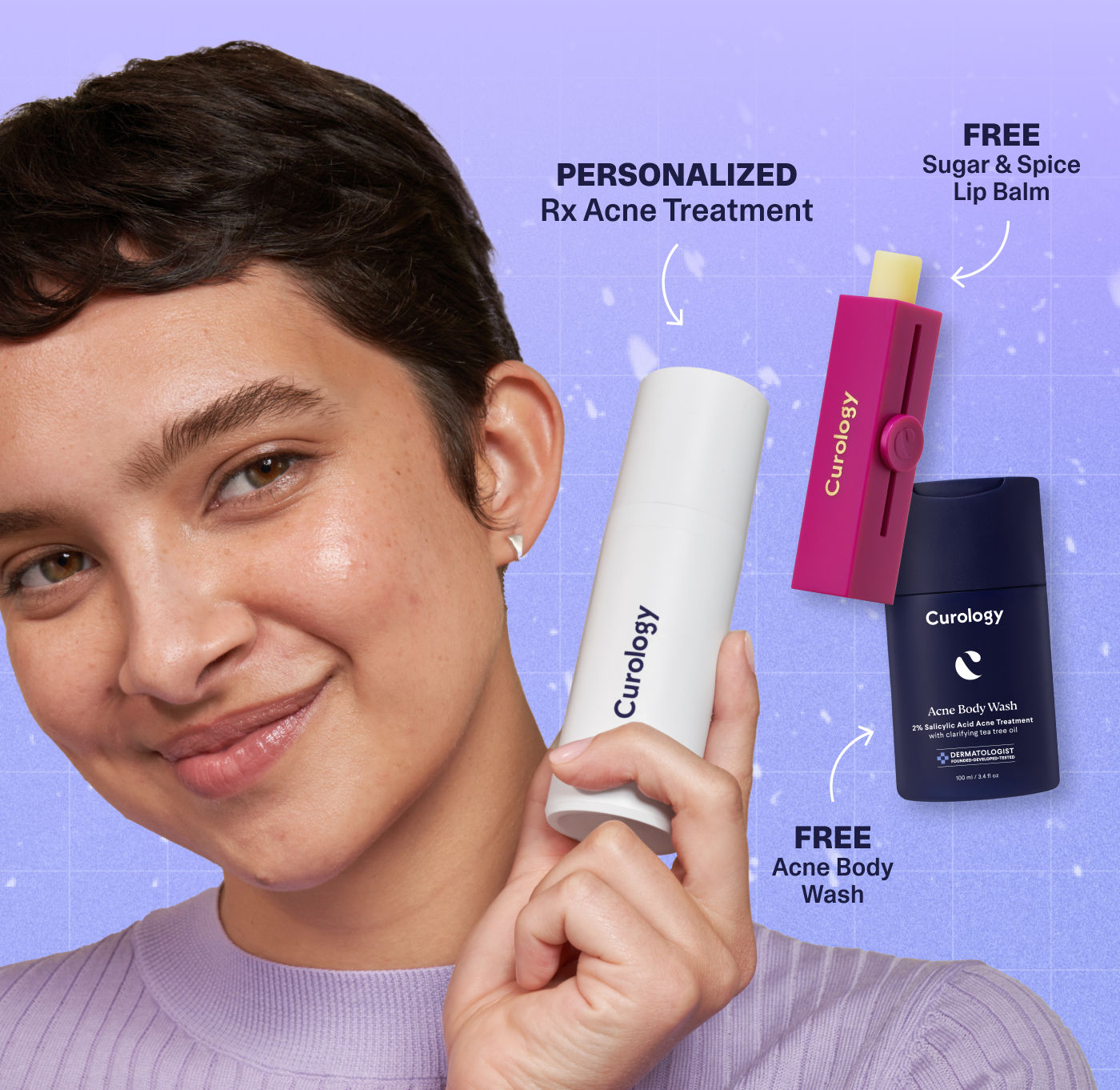 Personalized rx acne treatment and a free sugar and spice lip balm.