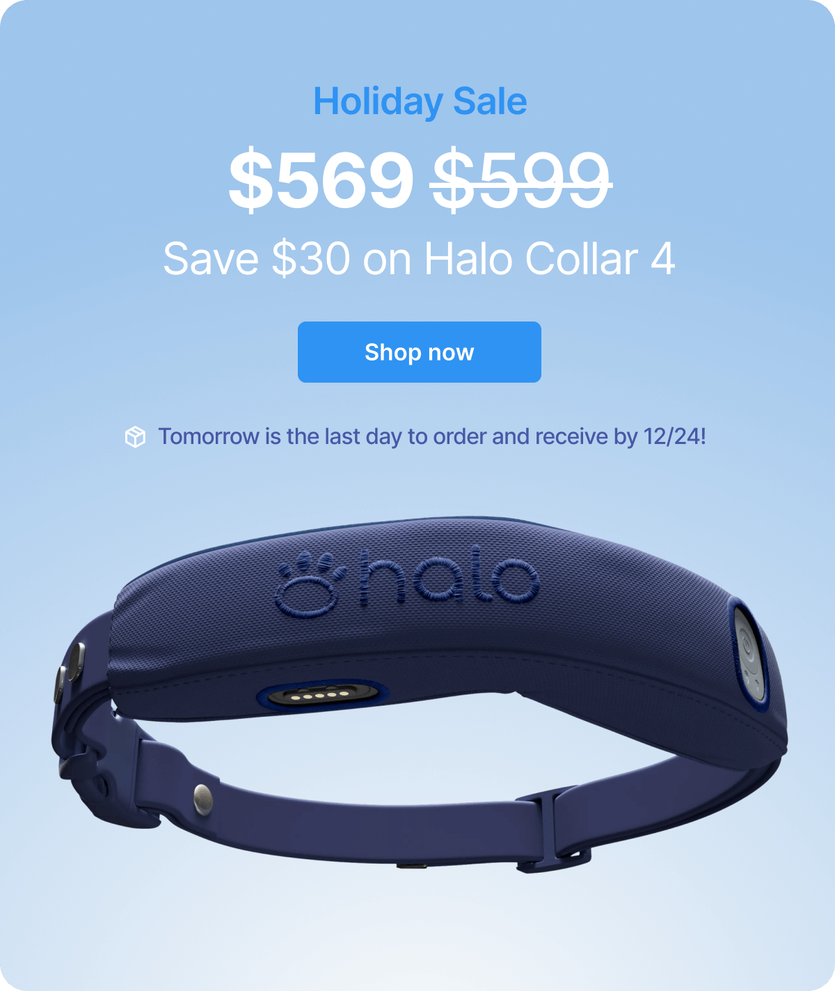 Hurry, the Holiday Sale is almost over!   Winter adventures are better with peace of mind. Protect your dog with the Halo Collar 4 and save $30 today. Order now to receive by the Holidays!