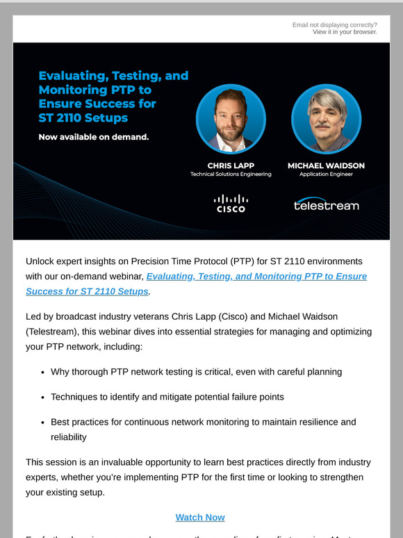 On-Demand Webinar: Evaluating, Testing, and Monitoring PTP for ST 2110 Setups