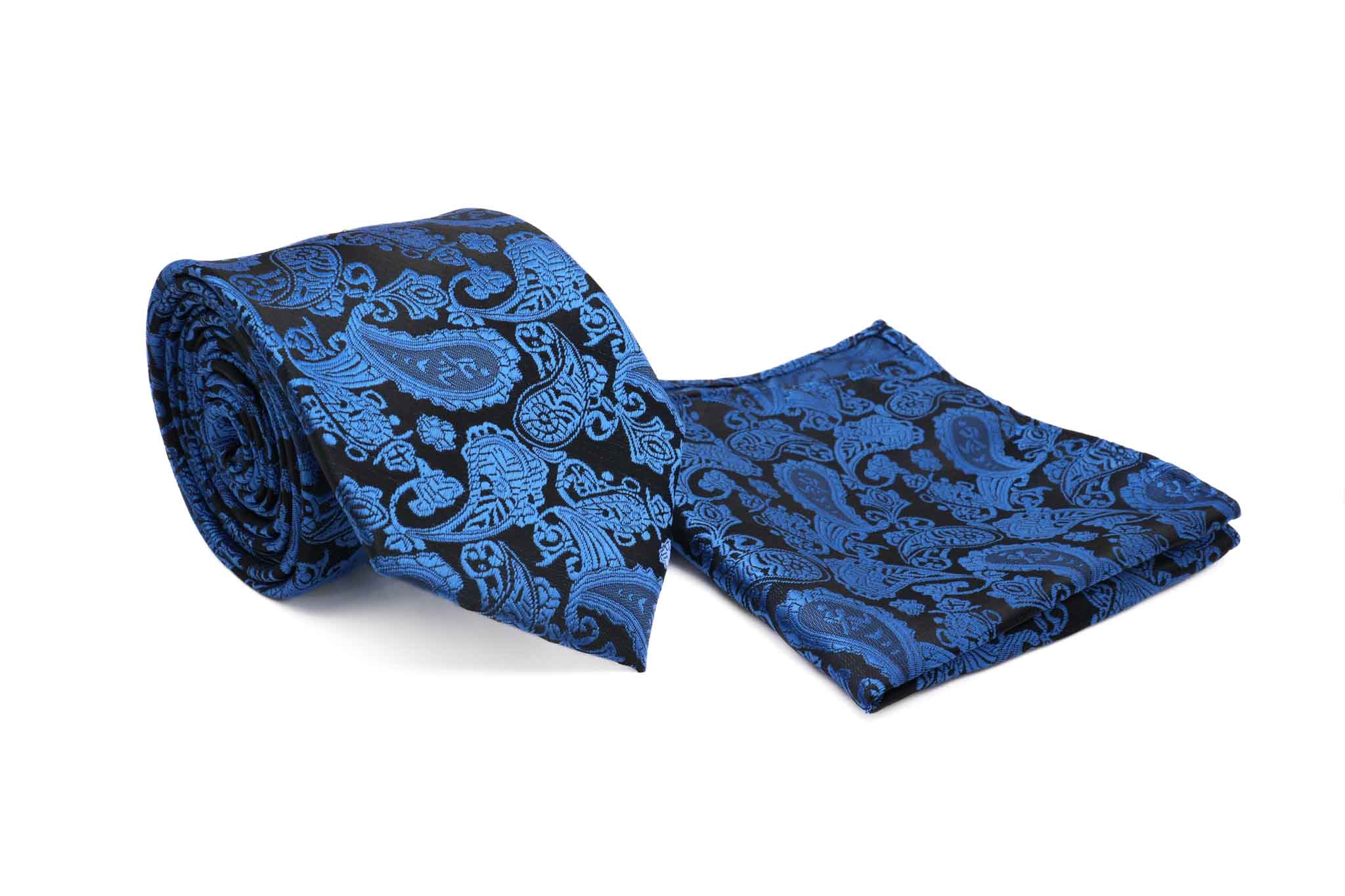 Blue Black Paisley Pattern Men's Tie and Pocket Square Set