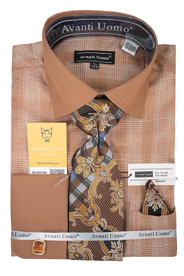 Brown Plaid French Cuff Dress Shirt Set with Cuff Links, Tie and Pocket Square