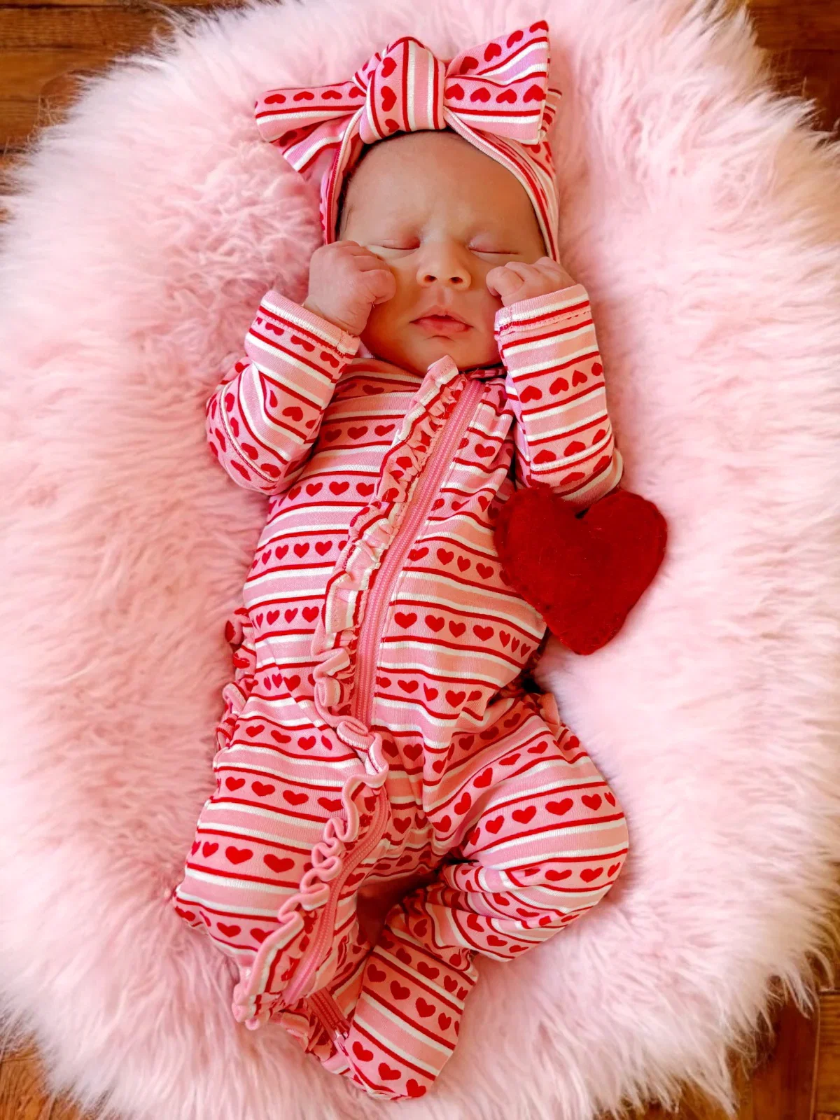 Image of Valentine Stripe / Organic Frill Zip Footie