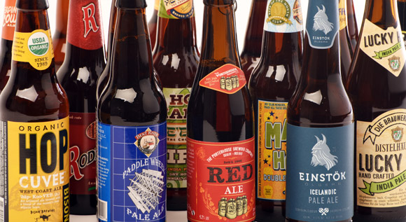many colorful bottles of craft beer