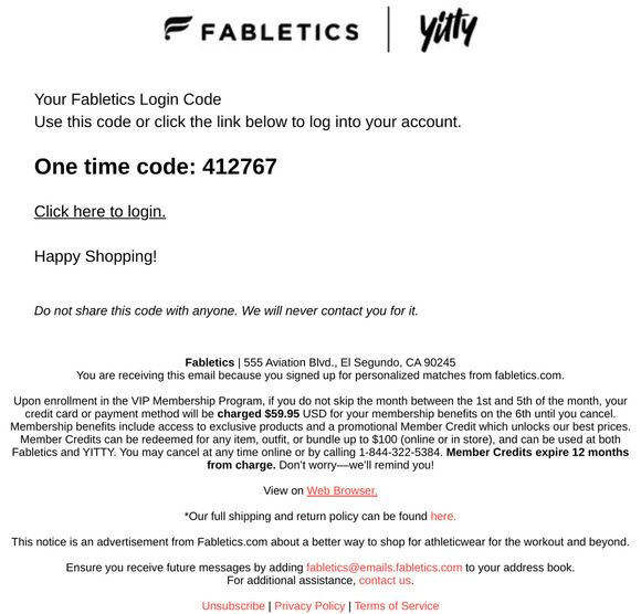 Fabletics: 412767 is your Fabletics login code. | Milled