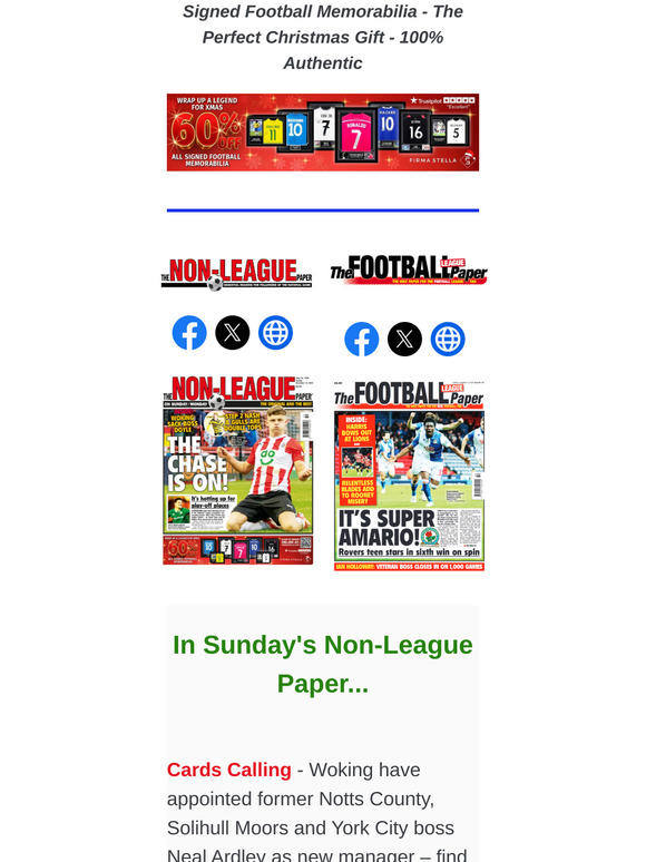 IN SUNDAY'S PAPERS > NLP: Woking have appointed Neal Ardley as their new manager / Warren Feeney on the Weymouth challenge // FLP: Comprehensive coverage of all the match action across the EFL