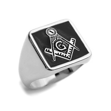 Black Lodge - Freemasons Square and Compass Ring - Steel Masonic Emblem Black Square Background