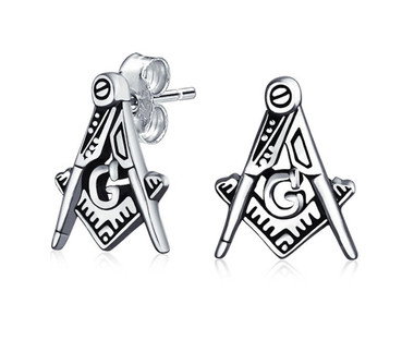 Masonic Stud Earrings (Stainless Steel) with Classic Cut-Out Style Masonic Symbol / Free Mason (one pair) - Silver Tone