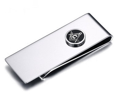 Masonic Money Clip - Stainless Steel with Classic Standard Freemasons Button Symbol - Silver Tone