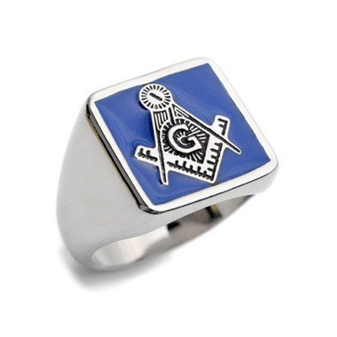 Blue Lodge - Freemasons Square and Compass Ring - Steel Masonic Emblem Blue Square Background
