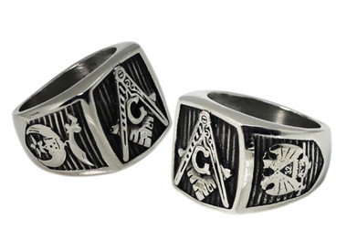 Masonic Ring 32nd Degree Scottish Rite and Shriner Ring with Square and Compass on Top. Silver Tone Stainless Steel Mason s Ring