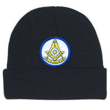 Freemason s Cap Winter - Black Beanie Hat with Bright Blue and Gold Past Master Masonic Symbol - One Size Fits Most. Freemason Merchandise, Clothing and Apparel.
