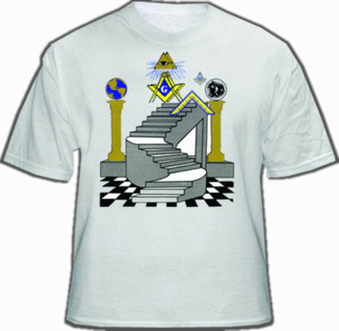 Freemason T-Shirt - (White) Masonic Apparel - Colorful Masonic Steps with Double Pillars Design. Masonic Apparel, Merchandise and gifts.