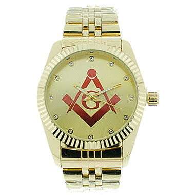 Masonic Watch - Red Lodge Masonic Logo Compass &amp; Square - Gold Color Steel Band - Full Gold Face Dial Freemason Symbol Watch 