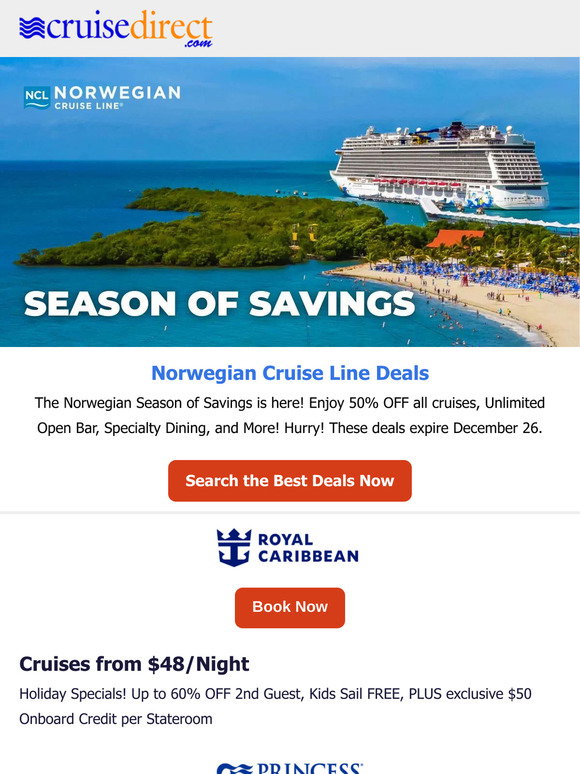 CruiseDirect: Norwegian Season of Savings: 50% Off All Cruises + more