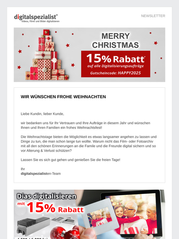 Frohe Weihnachten: 15% Rabatt auf Ihren Auftrag