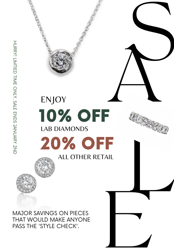 Image displays multiple product photos including a simulated diamond donut pendant finished in white gold vermeil, a square-cut, simulated diamond eternity band in white gold, and two round-brilliant simulated diamond stud earrings with pave halo.