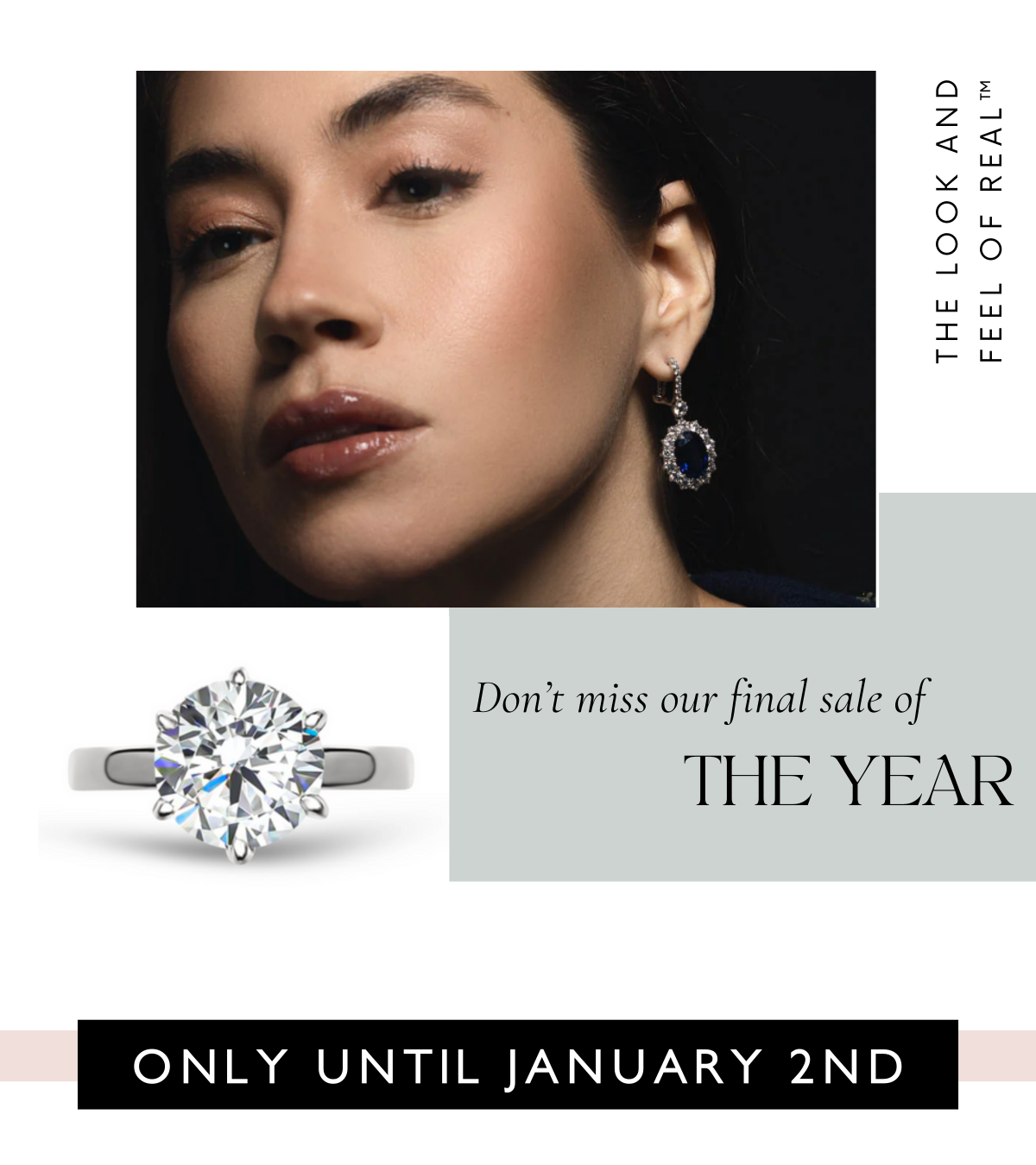 Two images. Image 1 is a close up photo of a model with a blue sapphire drop earring with simulated diamond pave halo and drop detail. Image 2 is a product photo of a solitaire simulated diamond ring finished in a white gold band.