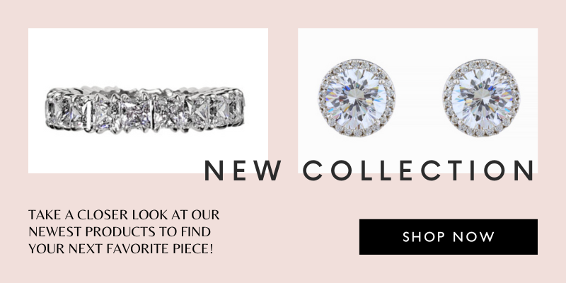 2 images side by side. Image 1 is a product photo of a radiant-cut simulated diamond eternity ring finished in white gold. Image 2 is a product photo of a pair of round-cut, simulated diamond stud earrings with a pave halo and finished in white gold.