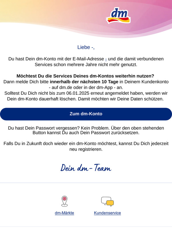 Bewahre Dein dm-Konto vor der Löschung: Melde Dich wieder an