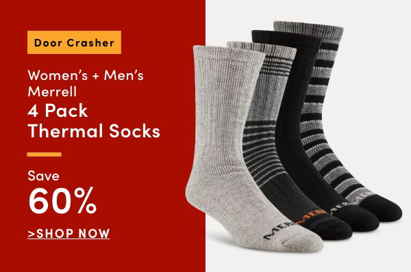 Door Crasher Women's + Men's Merrell 4 Pk Thermal Socks Save 60%