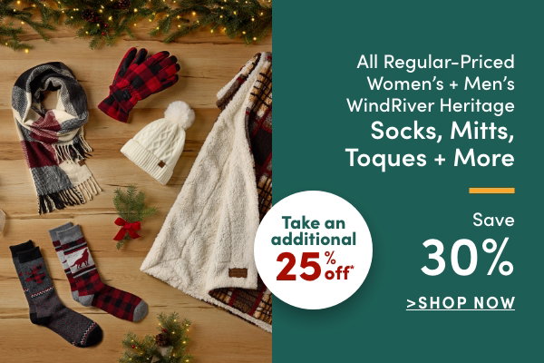All Regular-Priced Women's + Men's WindRiver Heritage Socks, Mitts, Toques & More Save 30%