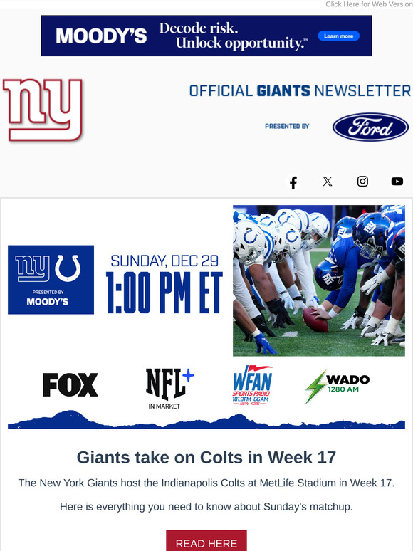 Giants take on Colts in Week 17
