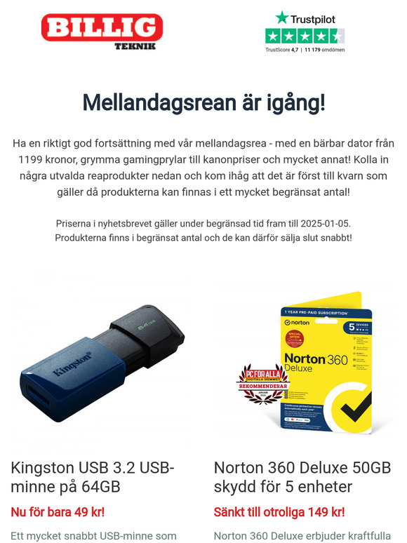 Mellandagsrea med superpriser hos BilligTeknik!