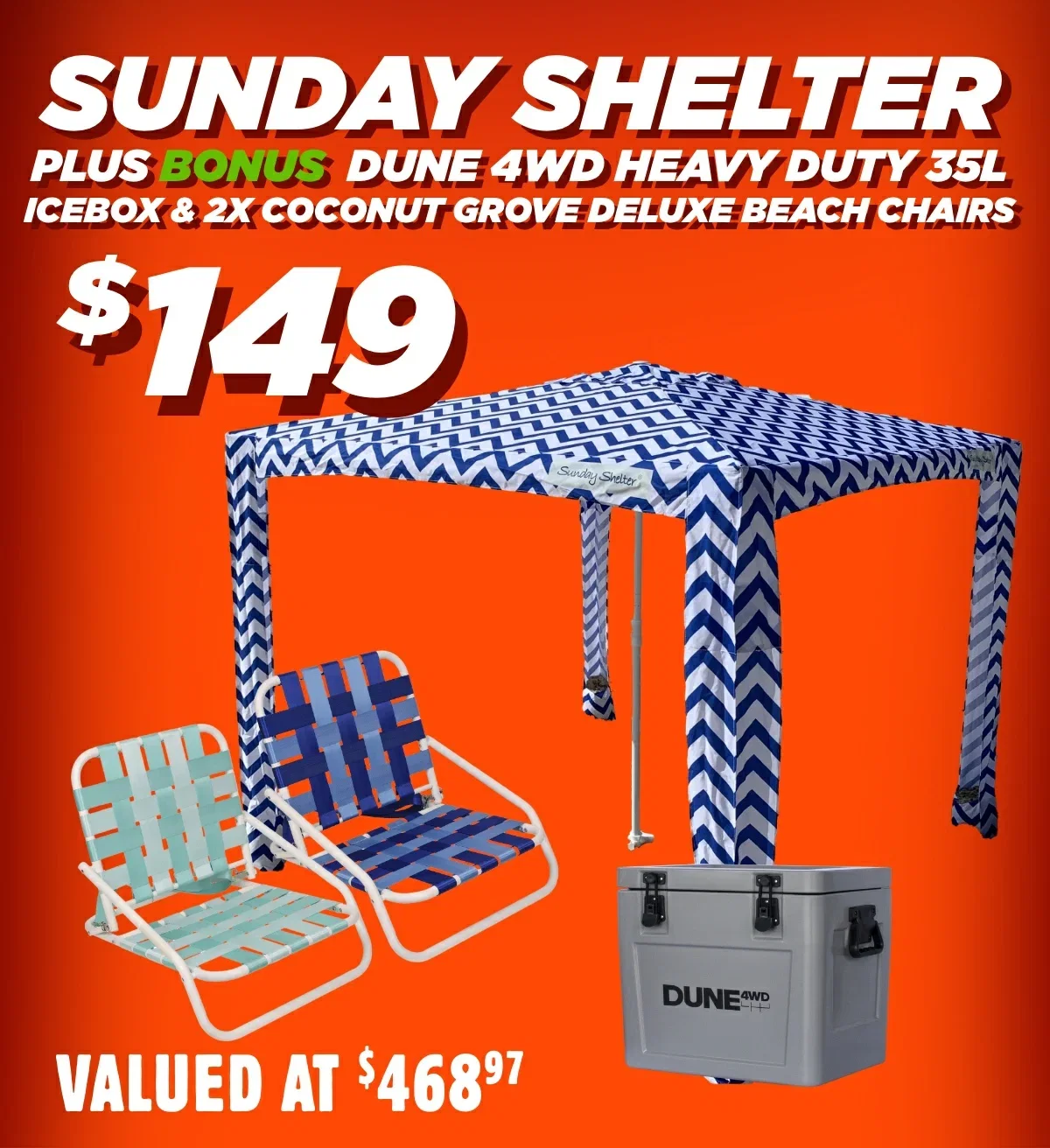 4WD Heavy Duty 35L Icebox & 2X Cocnut Grove Deluxe Beach chairs
