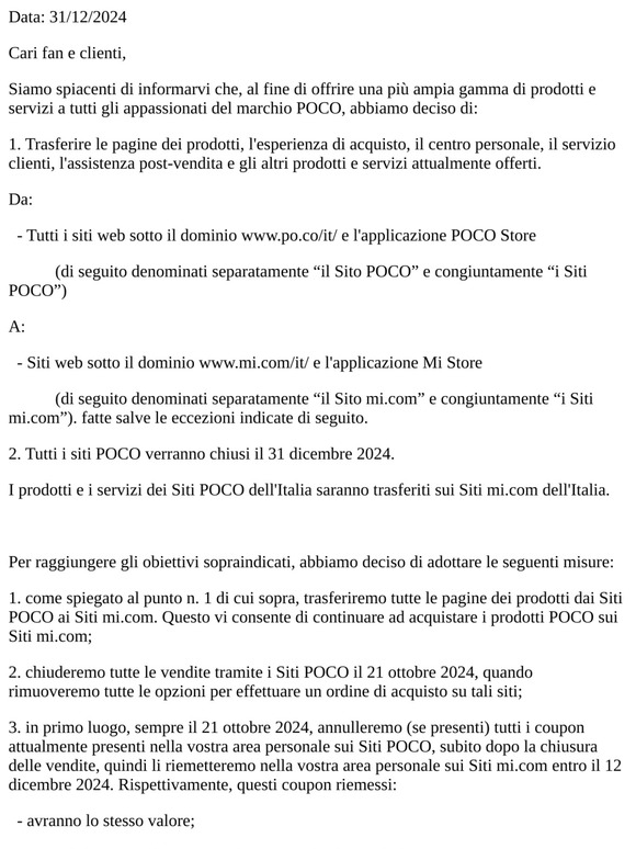 Avviso di chiusura dei Siti POCO