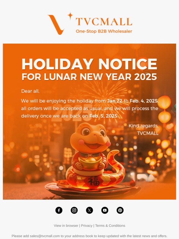 TVCMALL Holiday Notice for Lunar New Year 2025