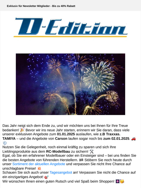 Guten Rutsch ins neue Jahr! 🎉 Letzte Chance: Angebote vieler Hersteller enden zum 01.01.2025!
