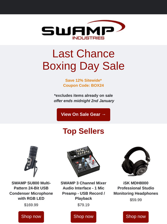 Last Chance for Our Boxing Day Sale 🥊 Sitewide 12% Off Ends Tonight! ⏳ 🎸🎙️🎹