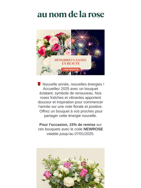 Commencez 2025 avec élégance : – 15% sur nos bouquets du Nouvel An 🌹