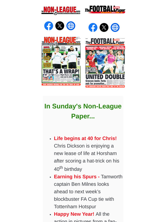 IN SUNDAY'S PAPERS > NLP: Chris Dickson still scoring at 40 / Tamworth captain Ben Milne on Spurs FA Cup tie // FLP: Stoke's managerial churn / Top manager quotes from the first half of the season