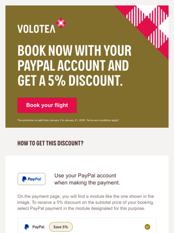 5% discount off your booking price with PayPal.